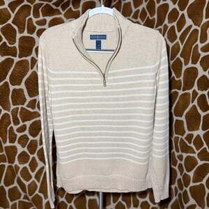 Karen Scott Women's Cream and Tan Striped 1/4 Zip 100% Cotton Sweater